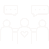 In-person seminars, icon showing three people talking with heart