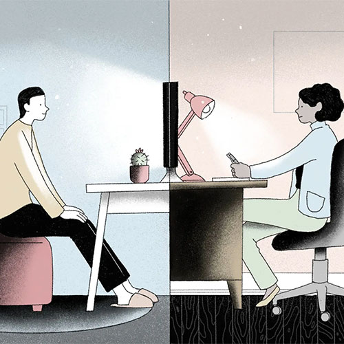 Cartoon illustration showing a therapist and a patient speaking remotely